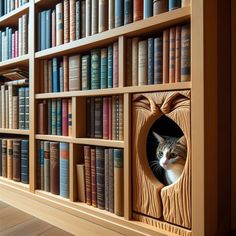 a cat peeks out from behind a bookcase with many books on the shelves