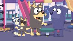 several cartoon dogs standing in front of a playground