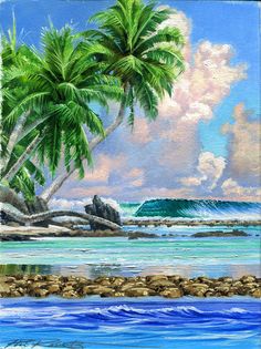 a painting of palm trees on the beach