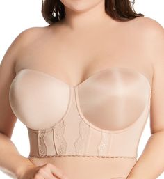 This sleek, modern longline bustier bra is your perfect go-to for special occasions and wearing other strapless fashions like sundresses. Underwire, seamless cups are lightly padded for a consistently smooth, round shape and support of full busts. Upper cup edge is lined with silicone gripper elastic for stay-put fit. Dual boning under each cup and at side seams gives extra support to heavy breasts. Underband has a very tall elastic band inside for stablized fit. Tall, narrow center front has la Elegant Bra With Sweetheart Neckline And Boned Bodice, Strapless Shapewear With Built-in Bra, Strapless Bra With Medium Bust Support, Strapless Fitted Bra With Medium Bust Support, Fitted Strapless Bra With Medium Bust Support, Elegant Full Coverage Corset With Built-in Bra, Bandeau Corset With Removable Bra Pads, Elegant Strapless Bra With Boned Bodice, Strapless Padded Fitted Bra