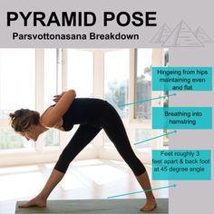 a woman doing yoga poses in front of a window with the words pyramid pose