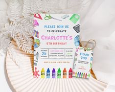 a birthday party card with crayons on it