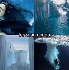 four different pictures with icebergs in the water and an image of a woman swimming