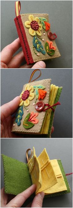 two pictures showing how to make a small book with felt flowers and leaves on it