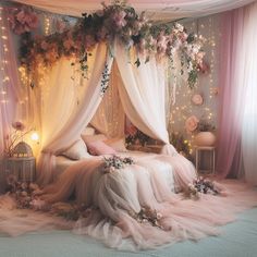 a canopy bed with pink and white flowers on the headboard, lights in the background