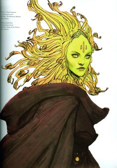 a drawing of a woman with yellow hair and green eyes, wearing a black cloak