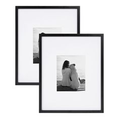 two black and white framed pictures with one woman sitting next to the other holding a dog