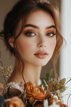 a woman with flowers in her hair and makeup looks at the camera while posing for a photo