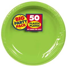 a green plastic plate with the words big party pack on it's front and bottom