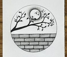 a black and white drawing of a tree on a brick wall with the letter o