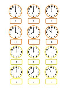 a set of nine clocks with different times on each one, including the numbers 1 - 10