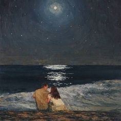 a painting of two people sitting on the beach at night