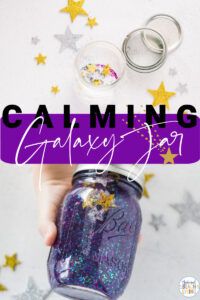 a hand holding a purple mason jar with stars around it and the words, calming galaxy jars