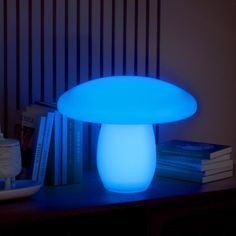 an illuminated mushroom lamp sitting on top of a table next to books and a bowl