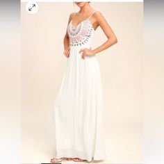 Nwot Lulus Ascension Island White Embroidered Maxi Dress. Brand New, Never Worn. No Tags!! Size Tag Inside Was Cut By Store To Prevent Returns. Lulus White Maxi. White Sleeveless Maxi Dress With Floral Embroidery, White Embroidered Sleeveless Maxi Dress, White Embellished Vacation Dress, White Embellished V-neck Maxi Dress, White Floral Embroidered Maxi Dress For Vacation, Embellished White Maxi Dress, White Embroidered Maxi Dress For Spring, Black Lace Dress Long, Halter Top Maxi Dress