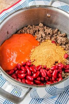 red beans, ground beef and spices in a pot