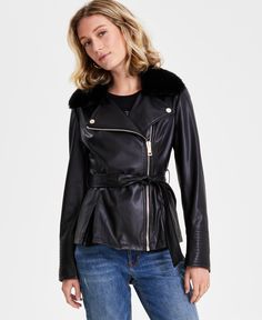 in stock Black Leather Jacket Outfit, Leather Jacket Outfit, Faux Fur Top, Faux Leather Moto Jacket, Faux Leather Belts, Black Leather Jacket, Women's Coats & Jackets, Moto Jacket, Fur Trim