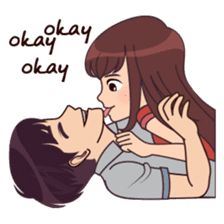 an image of a woman holding a man with the words okay okay written on it