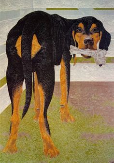 a painting of a dog holding a bone in it's mouth while standing on the grass