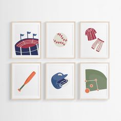 four framed pictures with different sports related items on them, all hanging up against a white wall