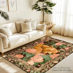 a living room with a couch and rug on the floor