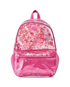 Clear vinyl backpack filled with pink confetti and features a front zipper pocket, mesh side water bottle pockets. Disco Theme Party, School Shopping List, Clear Backpacks, Glitter Backpack, Clear Stadium Bag, Glitter Bag, Stadium Bag, Pink Confetti, Party Sale