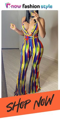 Yellow Sexy Casual Striped Print Backless Strap Design V Neck Regular Jumpsuits Halter Jumpsuit, Jumpsuit Online, Jumpsuits And Romper, Casual Stripes, Jumpsuit Fashion, Wholesale Fashion, Stripe Print, Colorful Fashion, Jumpsuits For Women