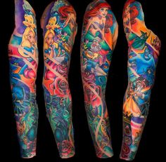 three different colored tattoos on both arms and legs, one with an image of cartoon characters