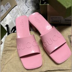 New Gucci Women's Rubber Slide Sandal Wild Rose See As A Picture Brand New With Tag, Dust Bags And Original Box. Size 37, 39 And 40 Color Wild Rose Gucci Pink Open Toe Sandals, Trendy Pink Gucci Sandals, Luxury Pink Flat Sandals, Pink Gucci Heels For Summer, Summer Pink Gucci Heels, Spring Pink Gucci Heels, Gucci Pink, Wild Rose, Wild Roses