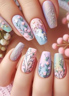 Fairy Tale Nails, Nails Photoshoot Ideas, Nail Art Unicorn, Fairy Nail Art, Nails Unicorn, Unicorn Nails Designs, Unicorn Nail Art, Fairy Nails, Tulip Nails