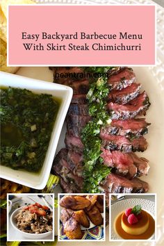 the cover of easy backyard barbecue menu with skirst steak chimichurri and other dishes