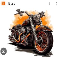 an orange and black motorcycle is shown on a white background with the words etsy next to it