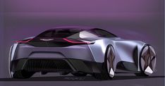 an artistic rendering of a futuristic car in grey and purple hues on a dark background