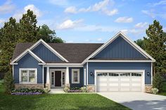 a blue and white house with two garages