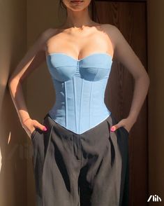 Zlily - Denim-Inspired Strapless Corset Top with Bust Enhancing Effect Strapless Corset Top, Strapless Corset, Corset Top, Workout Clothes, Cute Outfits, Slim Fit, Dye, Sleeve Length, Solid Color