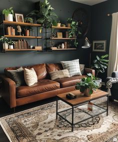 a living room with leather couches and shelves filled with plants on the far wall