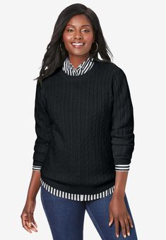 Classic cable-knit sweater, this cozy layer is a must-have piece to take into chilly temps. A relaxed fit makes it easy to layer with our poplin shirt.  Straight silhouetteCrewneckLong sleeves27" lengthAcrylicMachine washableImportedComplete the look with our Stretch Cotton Poplin Shirt! Click to shop." target="_blank">Complete the look with our Stretch Cotton Poplin Shirt! Click to shop. Cotton Poplin Shirt, Tunic Tank Tops, Ladies Of London, Sweater Tank Top, Petite Tops, Poplin Shirt, New Tops, Crewneck Sweater, Simple Outfits