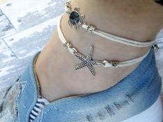 "Turquoise Anklet Bracelet, Beach Beaded Anklet, Starfish Anklet, Bohemian Silver Anklet, Sea Turtle Anklet, Summer Jewelry, Nautical Anklet ❤ BUY ANY 2 ITEMS ANS GET 15% OFF!! (USE COUPON CODE '15OFF') ❤ ❤ BUY ANY 4 ITEMS ANS GET 20% OFF!! (USE COUPON CODE '20OFF') ❤ ❤ BUY ANY 6 ITEMS AND GET 25% OFF!! ((USE COUPON CODE '25OFF') ❤ Complete any outfit with this gorgeous fashionable and trendy summer anklet/wrist bracelet! Made from hemp/waxed cotton cord, alloy starfish / sea abalone seashell tu Bohemian Starfish Anklets As A Gift, Adjustable White Starfish Anklets, White Starfish Anklets For Gift, White Starfish Anklets As Gift, Adjustable Starfish Charm Anklets For Beach Season, Silver Anklets With Starfish Charm For Beach, Handmade Adjustable Starfish Anklet, Diy Anklets, Dragon Scale Necklace