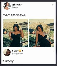 an instagramted photo of a woman in a black dress with the caption'what filter is this? '