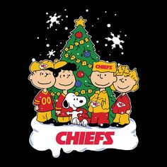 a christmas tree with cartoon characters around it and the word chiefs written on top in red