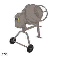 a drawing of a cement mixer on wheels with the lid open and its handle extended