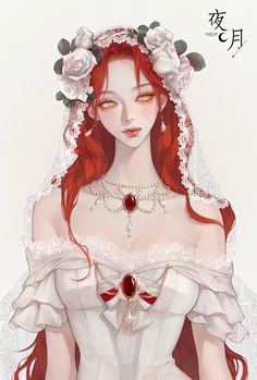 a woman with red hair wearing a white dress and flowers in her hair is shown from the waist down