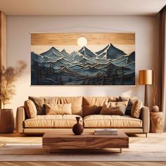 a living room filled with furniture and a painting on the wall above it's coffee table