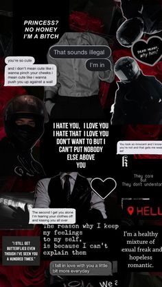 a bunch of different types of texting on a black and white background with red writing