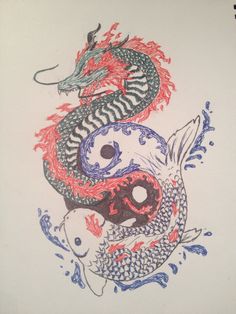 a drawing of two fish and a dragon with red, blue, and green ink