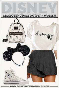 a white shirt, black skirt and mickey mouse headband with the words disney written on it