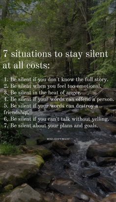 a river in the woods with a poem on it that says 7 situations to stay silent at all costs