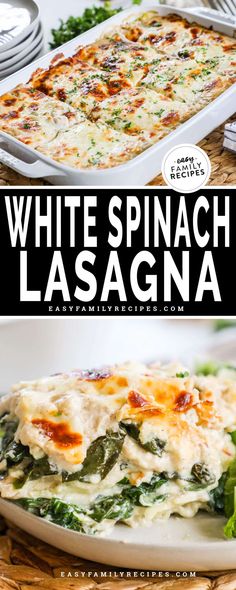 white spinach lasagna on a plate with text overlay