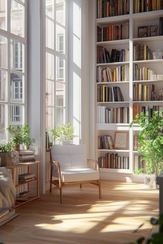 a living room filled with lots of books and furniture next to large windows covered in white bookcases