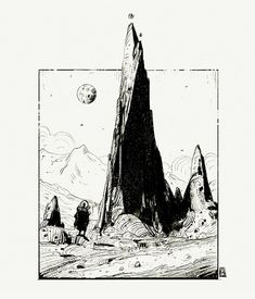 an ink drawing of two people standing in front of a tall mountain with a moon above it